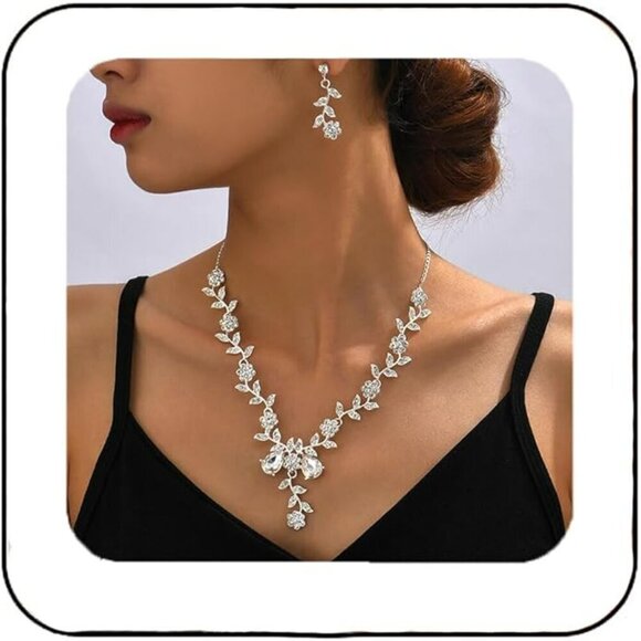 Bride Bridal Wedding Jewelry Set Silver Crystal Rhinestone Necklace Earrings Set - Picture 1 of 3